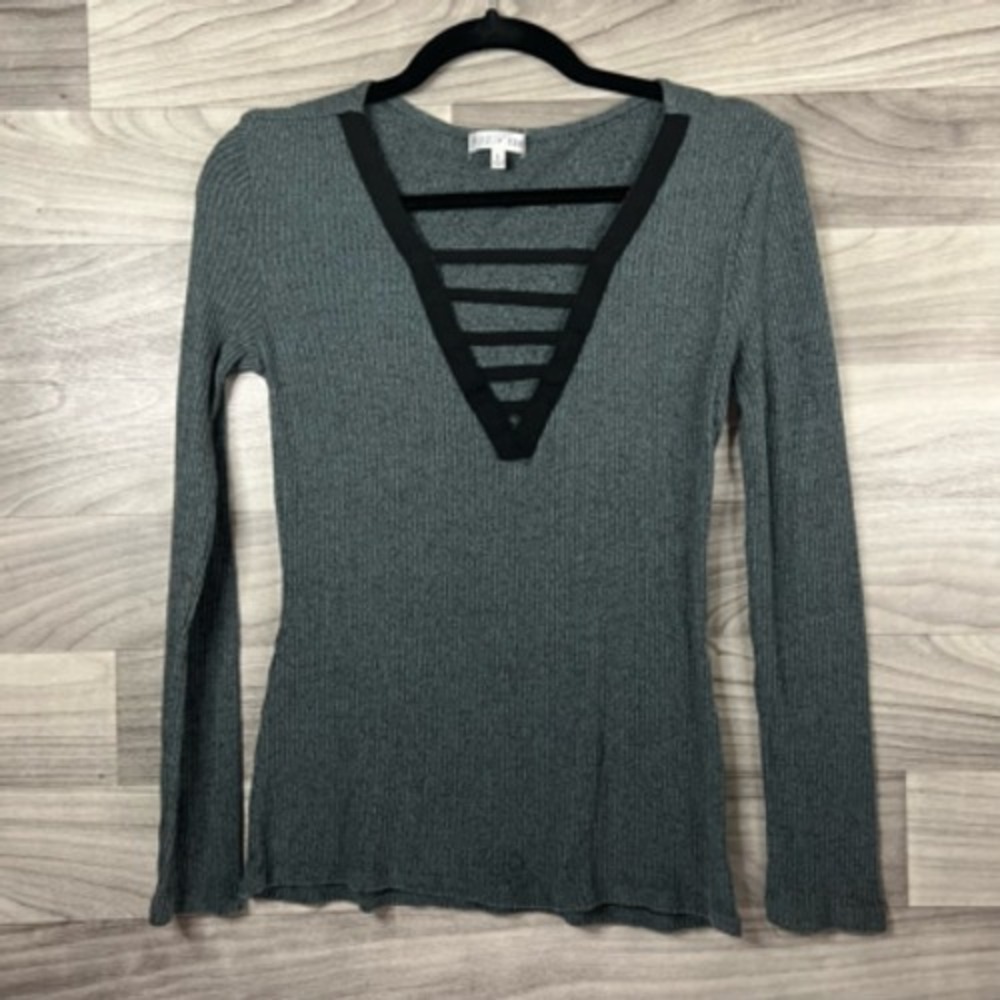 Fitz &‎ Eddi Womens Knit Top Gray Black Marled Long Sleeve V Neck Strappy S